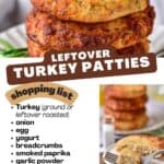 Stack of turkey patties with list of ingredients.