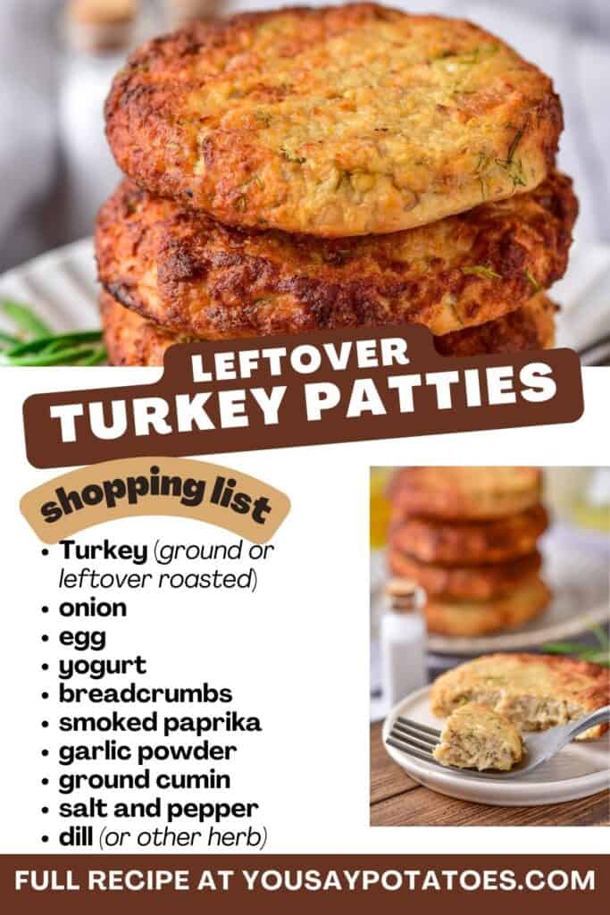 Stack of turkey patties with list of ingredients.