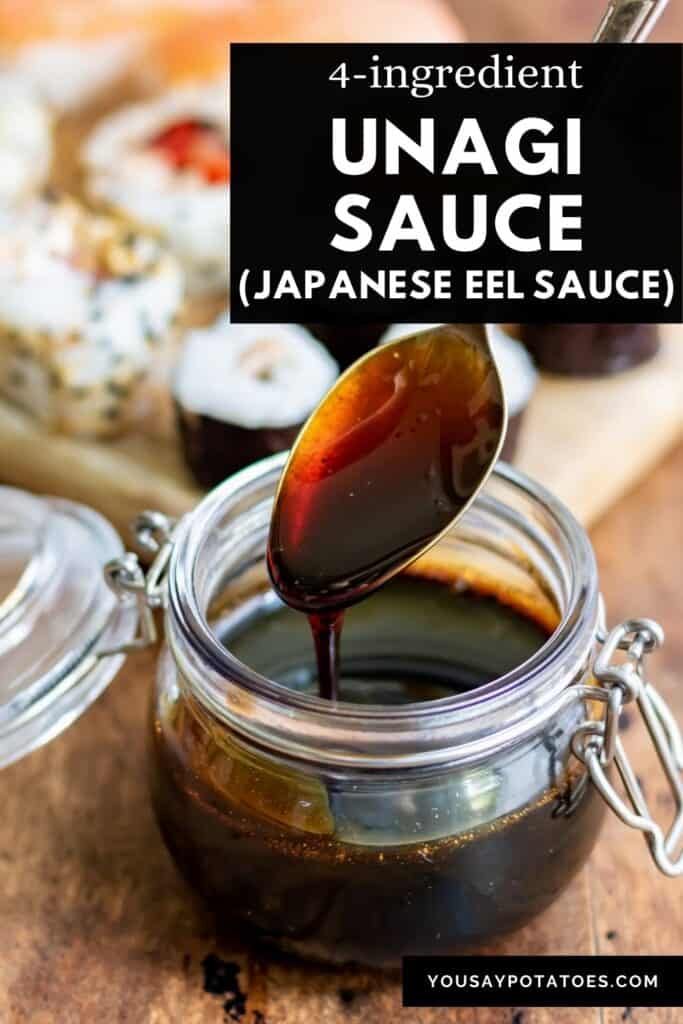 Tray of sushi and spoon coming out of a jar of sauce, with text: Unagi sauce, Japanese eel sauce.
