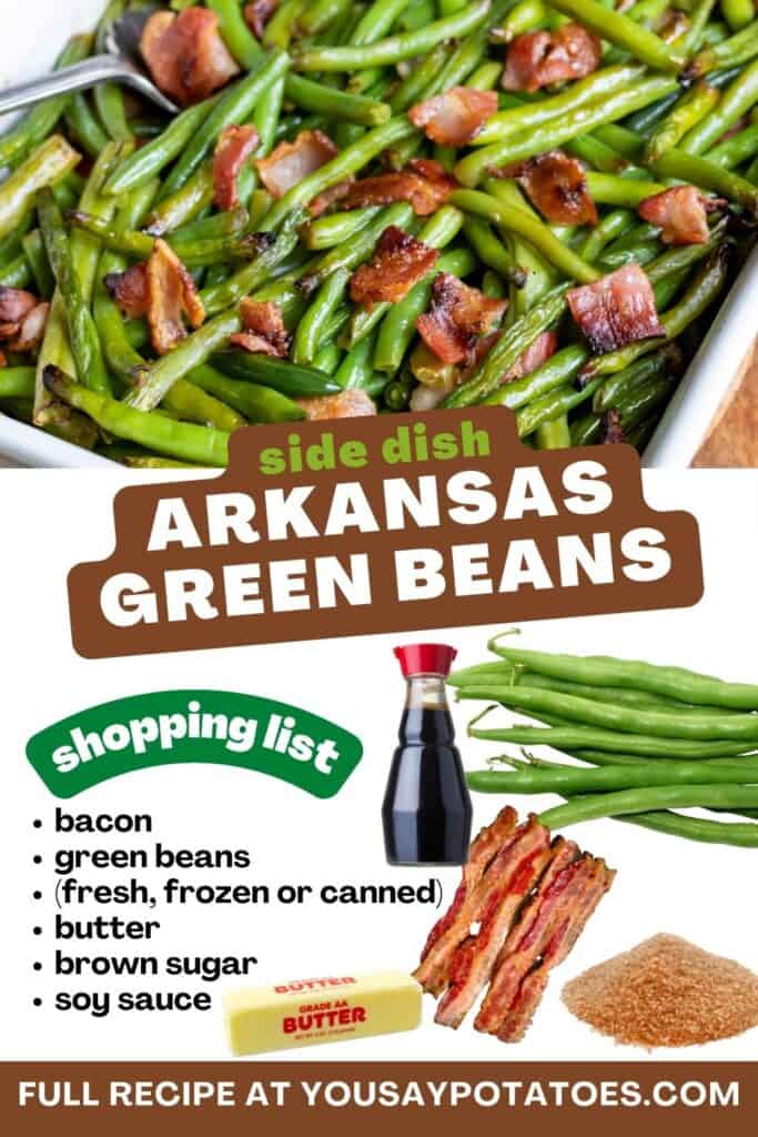 Dish of green beans, list of ingredients and text: Side Dish Arkansas Green Beans.