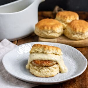 Biscuits covered in white country gravy.