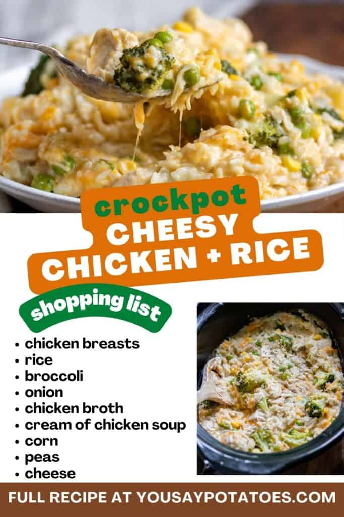 Plate of rice and chicken, ingredients list and text: Crockpot Cheesy Chicken and Rice.