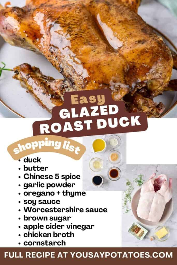 A roasted duck, list of ingredients and text: Easy glazed roast duck.