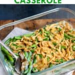 Dish of casserole and text: Microwave Green Bean Casserole.