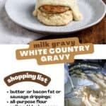 Plate with a biscuit and gravy, with list of ingredients and text: Milk Gravy White Country Gravy.