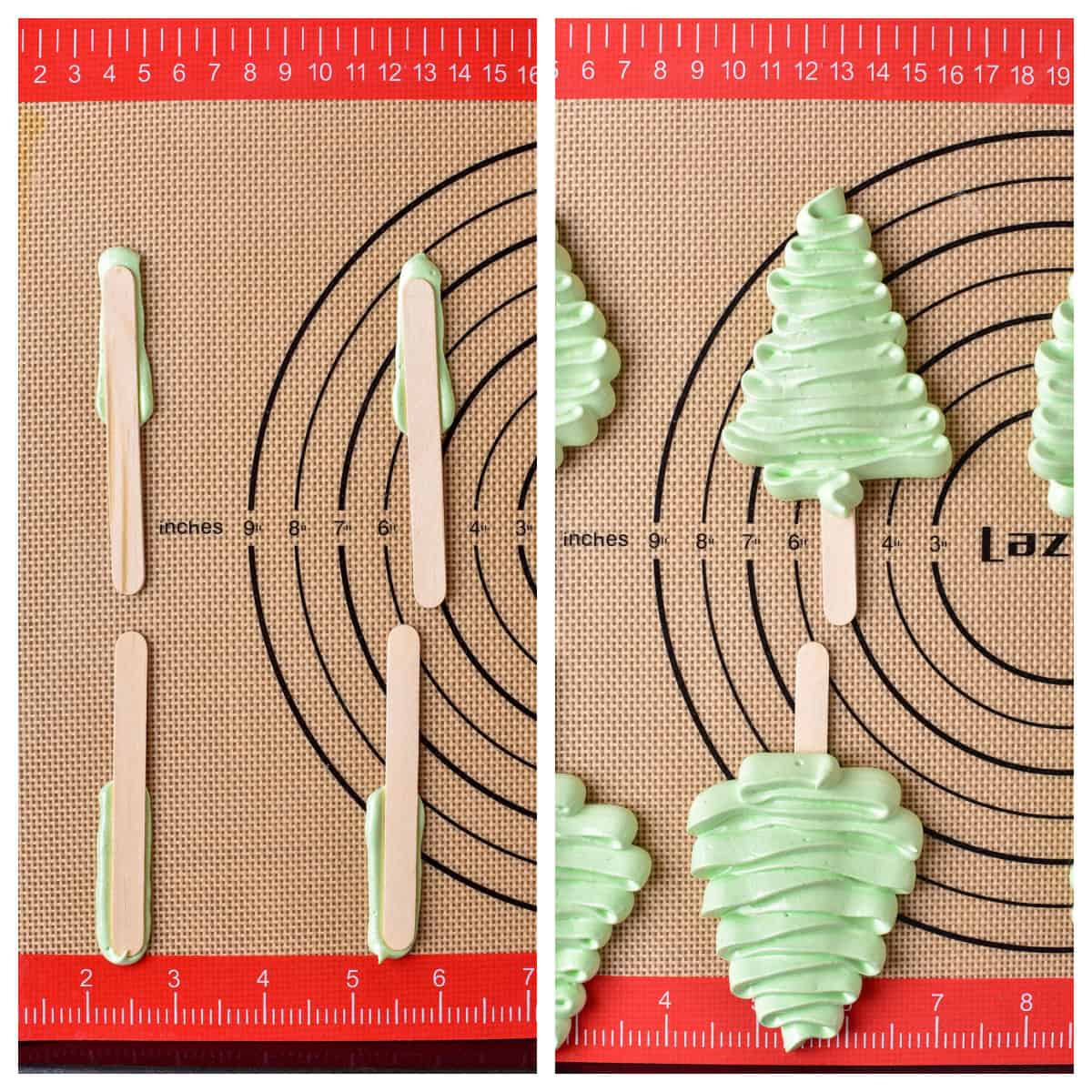Piping tree shapes onto popsicle sticks on a baking sheet.
