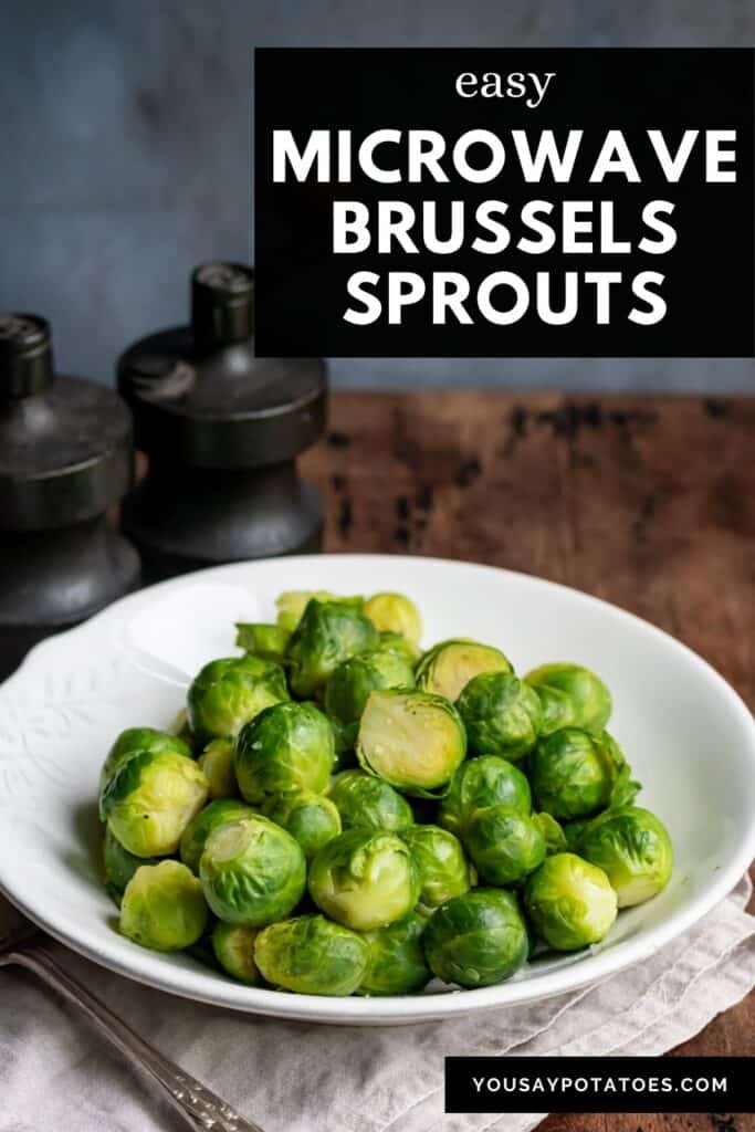 A plate of sprouts and text: Easy Microwave Brussels Sprouts.