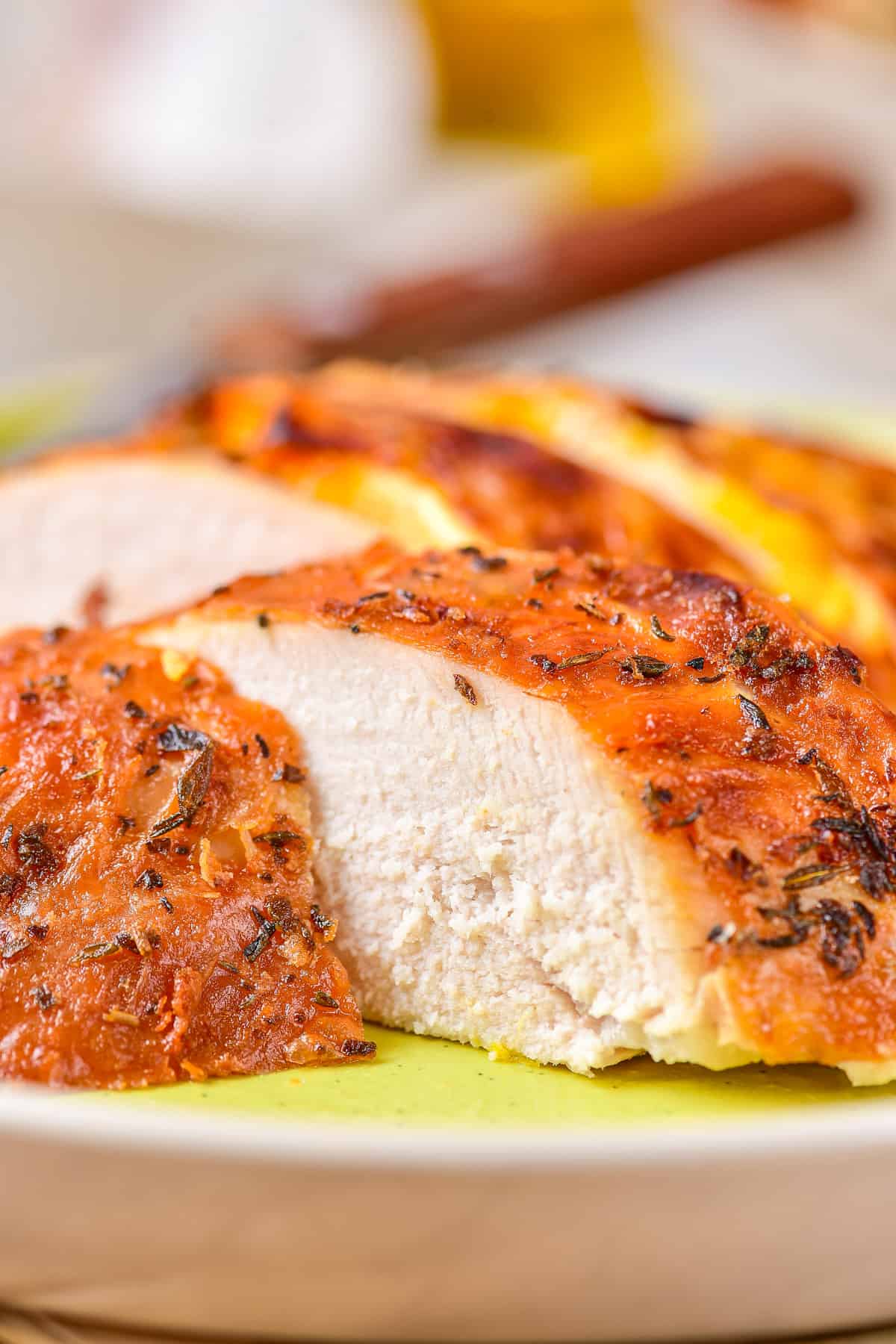 Close up of a slice of oven roasted turkey breast.