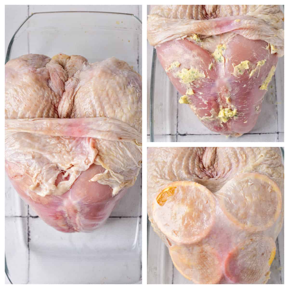 Rubbing butter on turkey breast and placing slices of oranges under the skin.