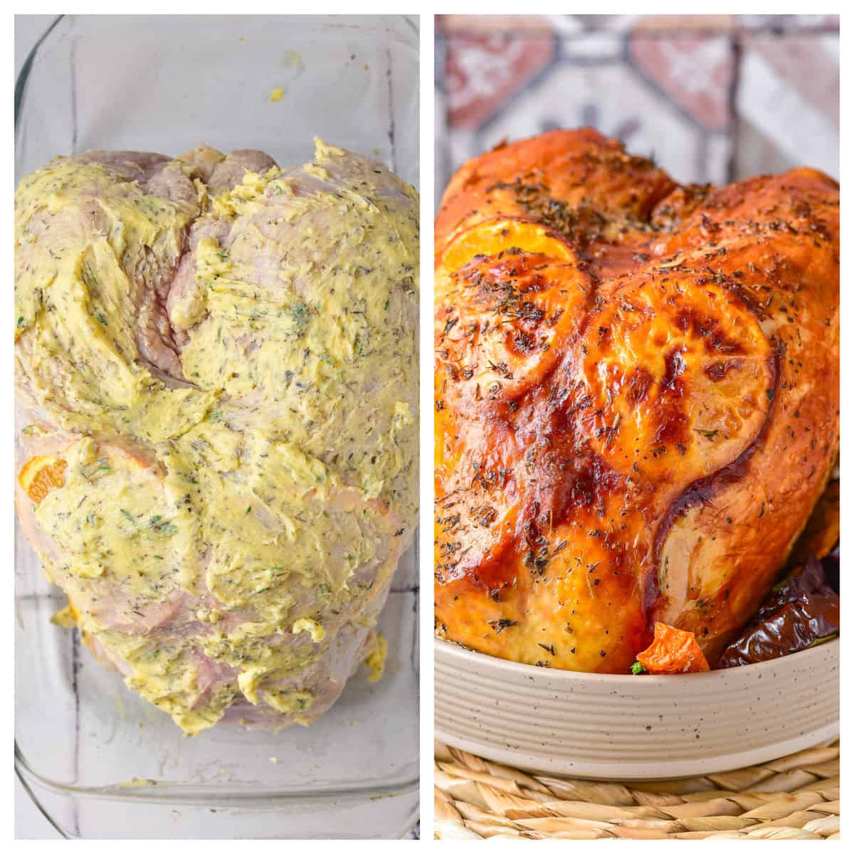 Rubbing butter on the outside of the turkey breast, and a cooked turkey breast.