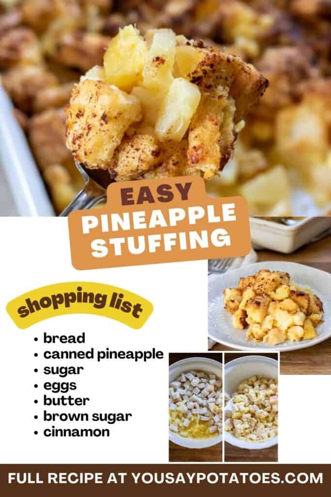 Dish of pineapple stuffing and list of ingredients.