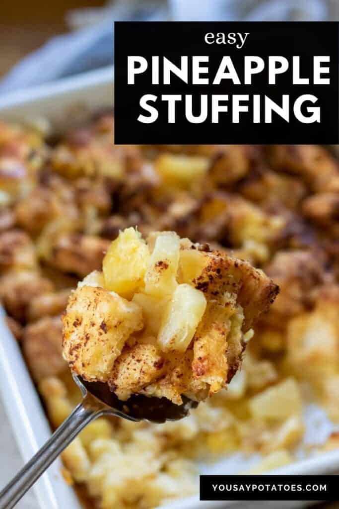 Dish of pineapple stuffing with a spoonful coming out.