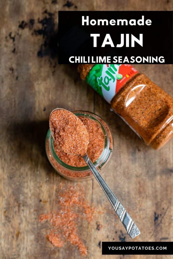 Table with a spoonful of seasoning, with text: Homemade Tajin Chili Lime Seasoning.
