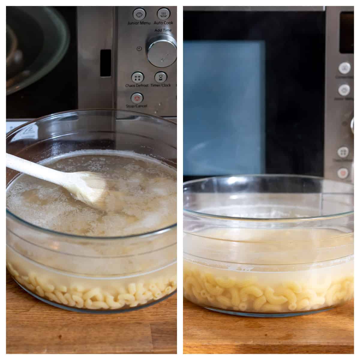 Stirring microwave pasta in a glass bowl in front of a microwave.