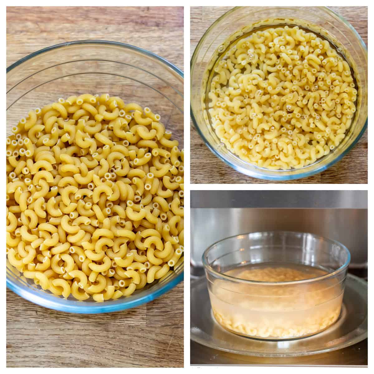 Collage of how to cook pasta in the microwave.