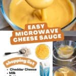 Spoon of cheese sauce with ingredients list and text: Easy Microwave Cheese Sauce.