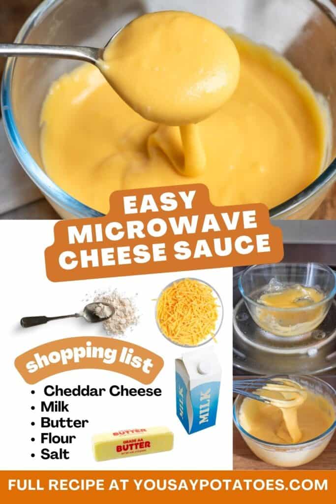 Spoon of cheese sauce with ingredients list and text: Easy Microwave Cheese Sauce.