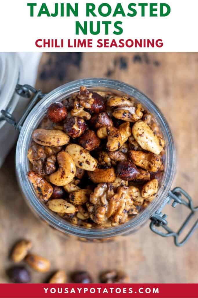 Jar of nuts, with text: Tajin Roasted Nuts.