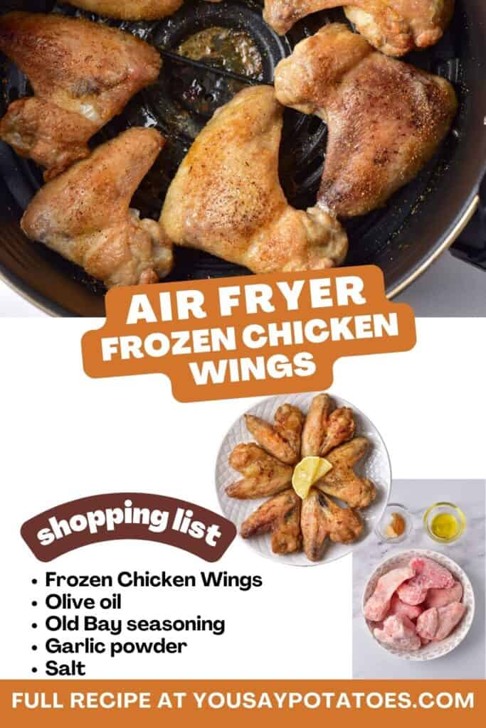 Chicken wings, list of ingredients and text: Air Fryer Frozen Chicken Wings.