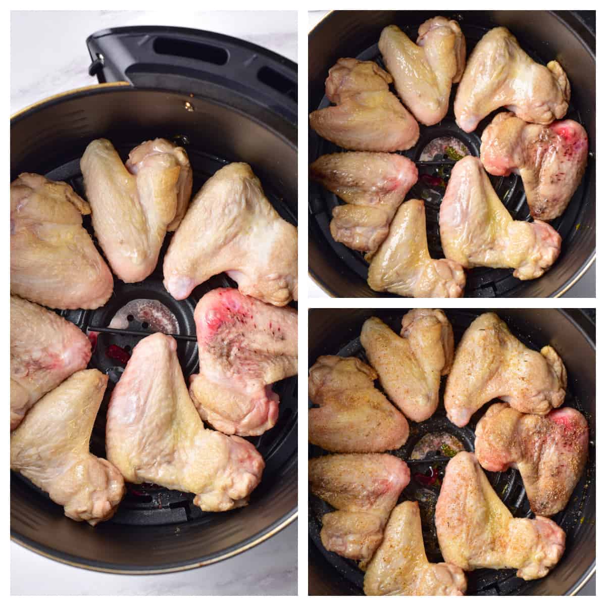 Stages of cooking frozen chicken wings.