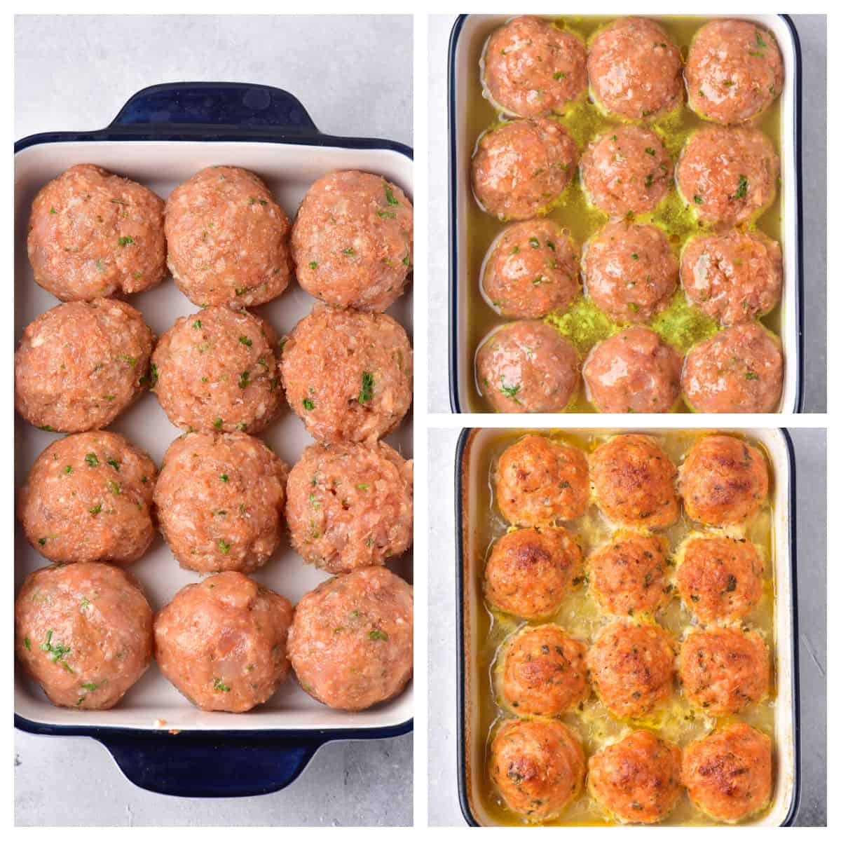 Collage with stages of baked chicken meatballs.