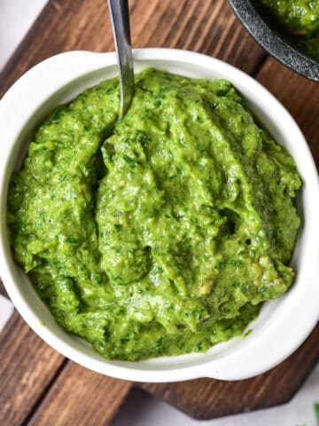 Close up of a bowl of Italian salsa verde.