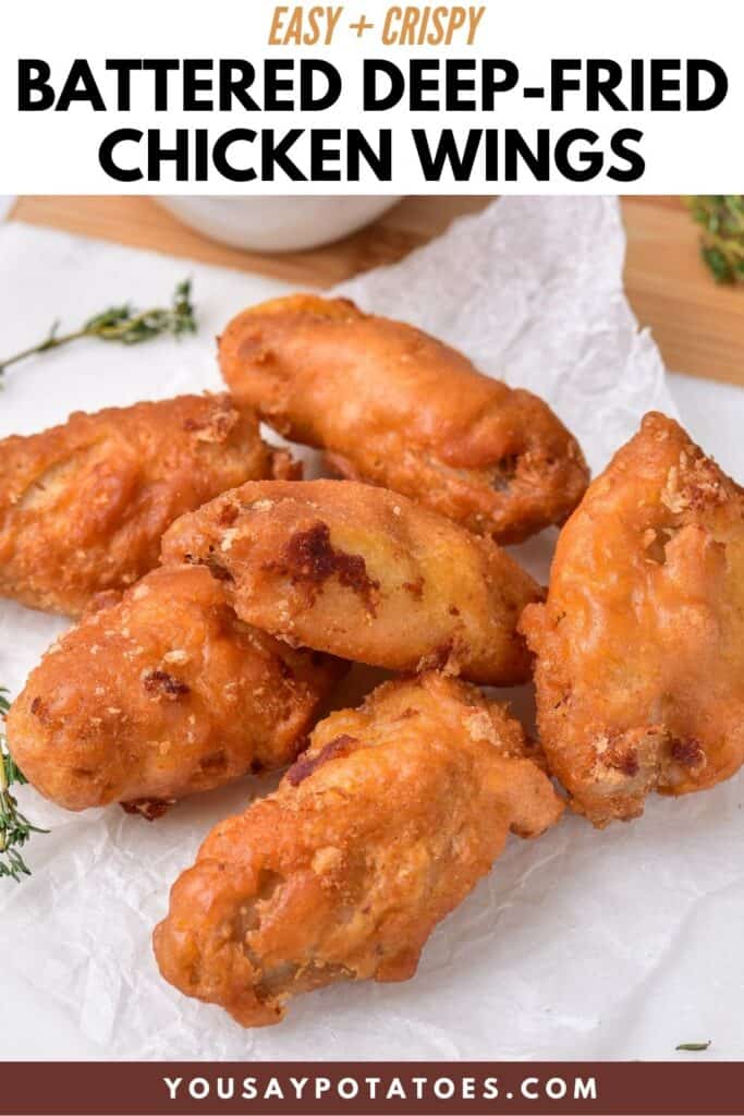 Plate of wings, with text: Easy Spicy Battered Deep Fried Chicken Wings.
