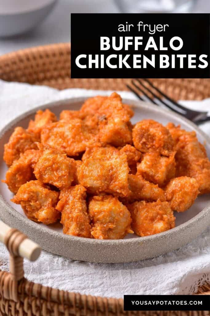 Table with a plate of chicken and title: Air Fryer Buffalo Chicken Bites