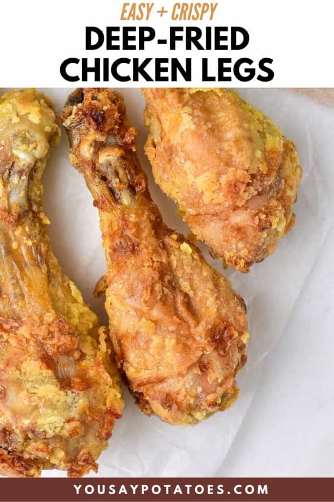 Plate of chicken, with text: Easy and crispy deep fried chicken legs.