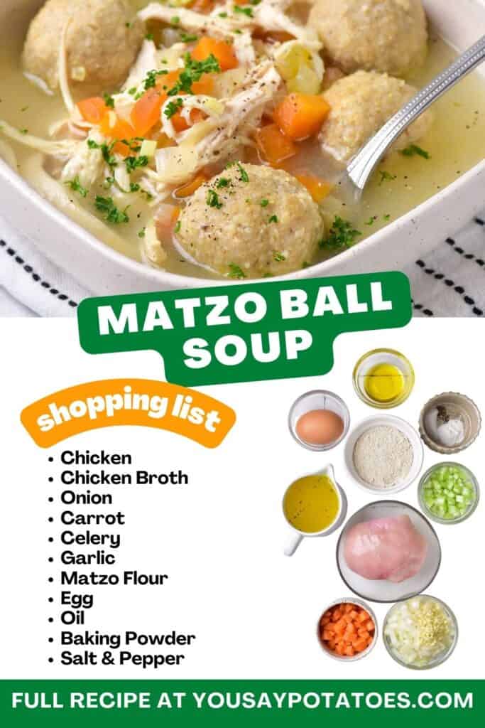 Bowl of soup, list of ingredients and title: Matzo Ball Soup.