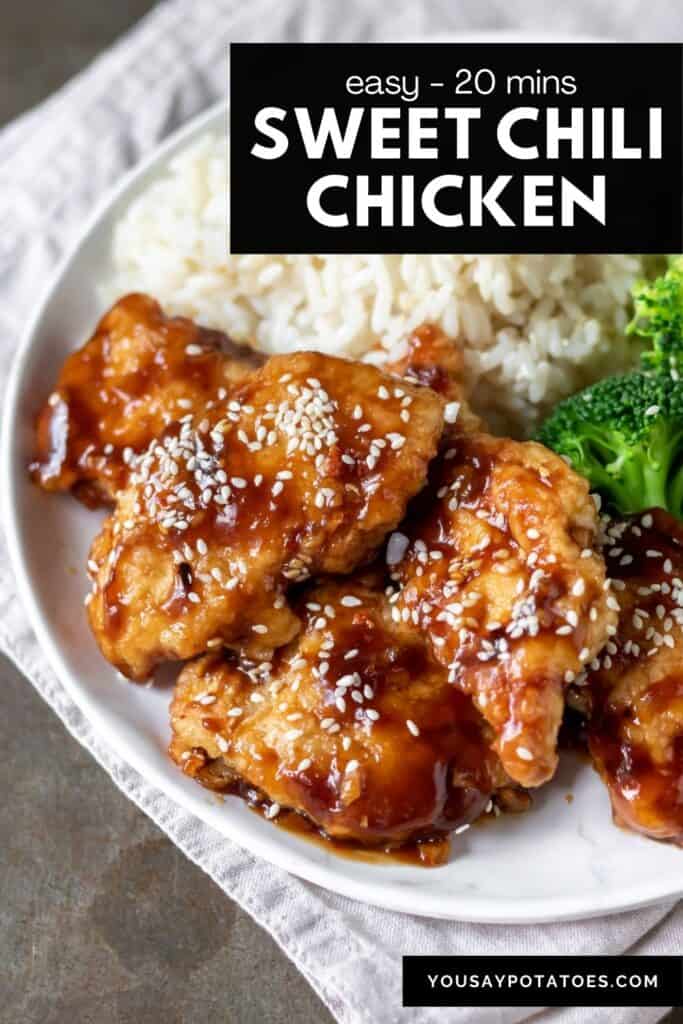 Plate of chicken, rice and broccoli, with text: easy 20 minutes Sweet Chili Chicken.