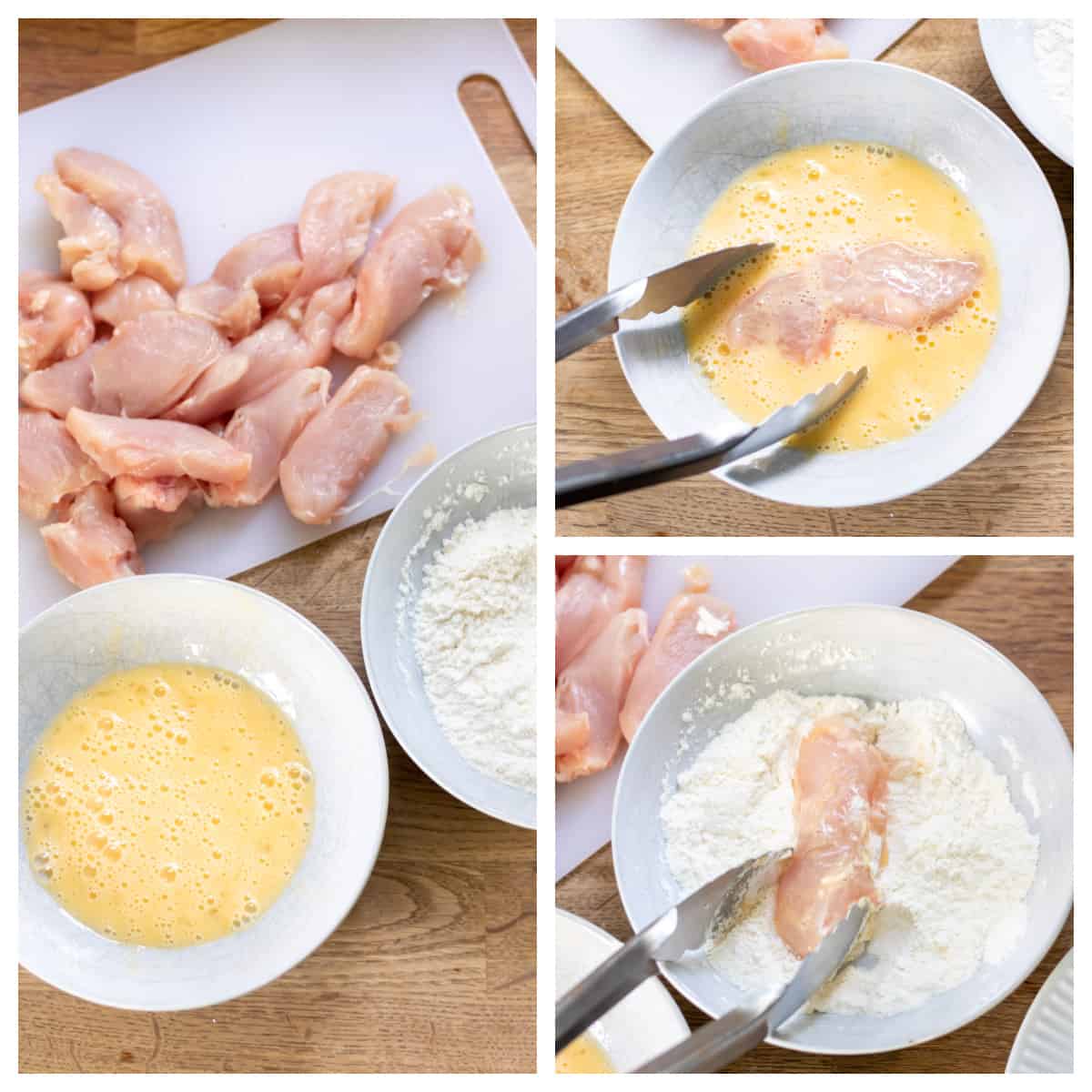 Dredging chicken strips in egg and flour.