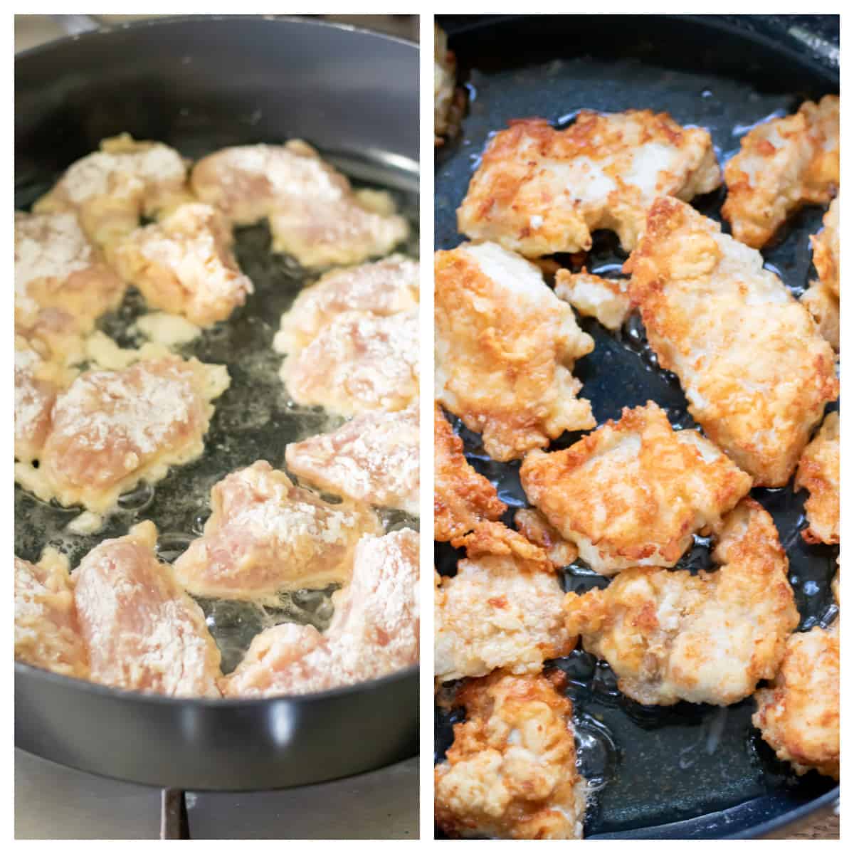 Pan frying coated chicken strips.