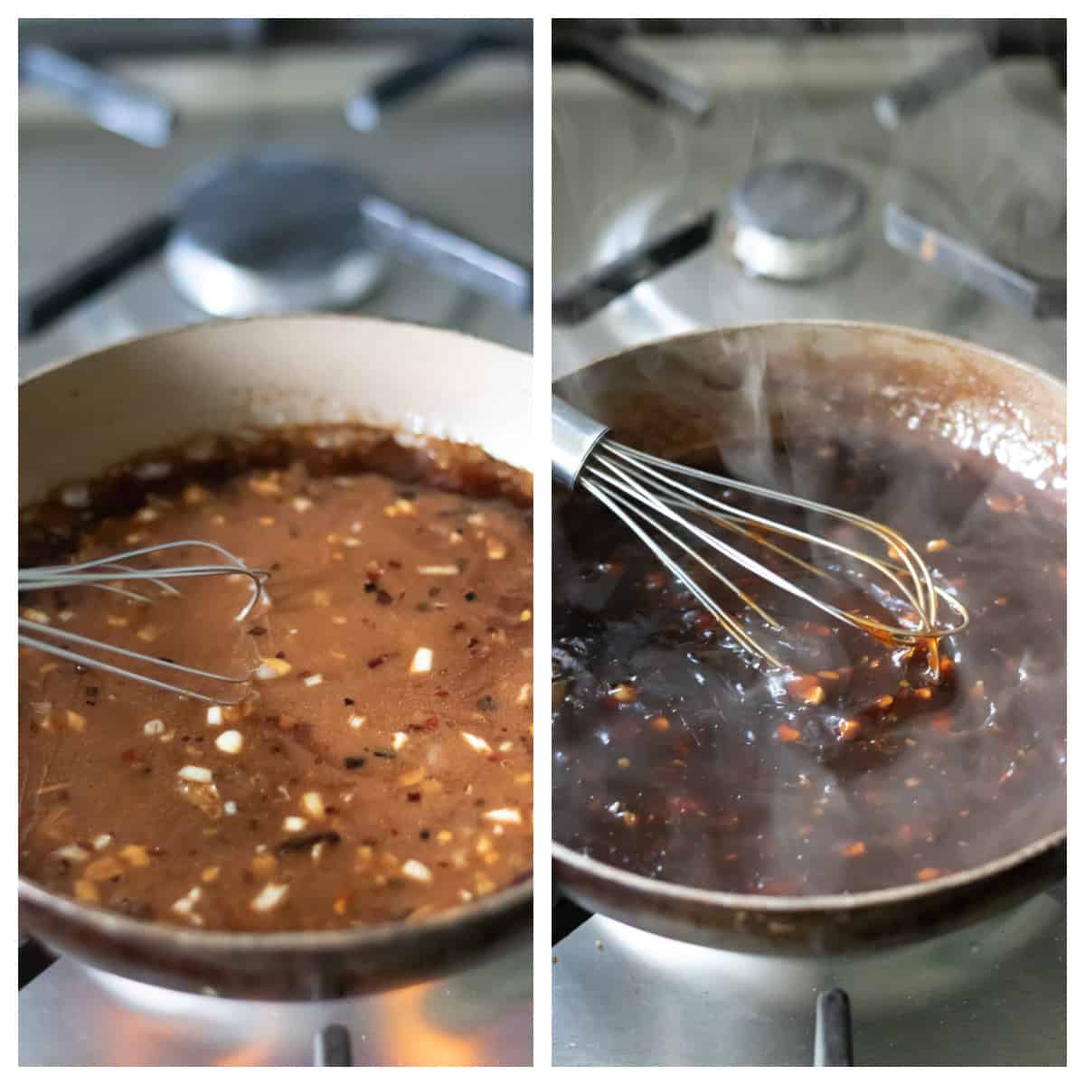Stirring sweet chili sauce in a pan on the stove.