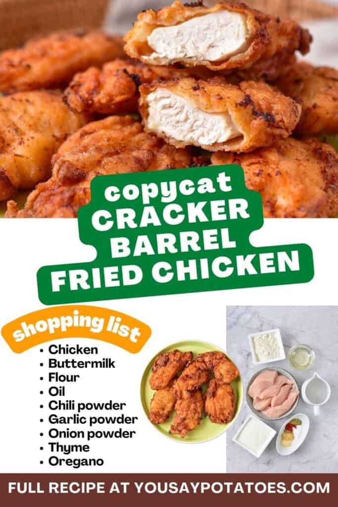 Pile of fried chicken, list of ingredients and title: Copycat Cracker Barrel Chicken Fried Chicken.