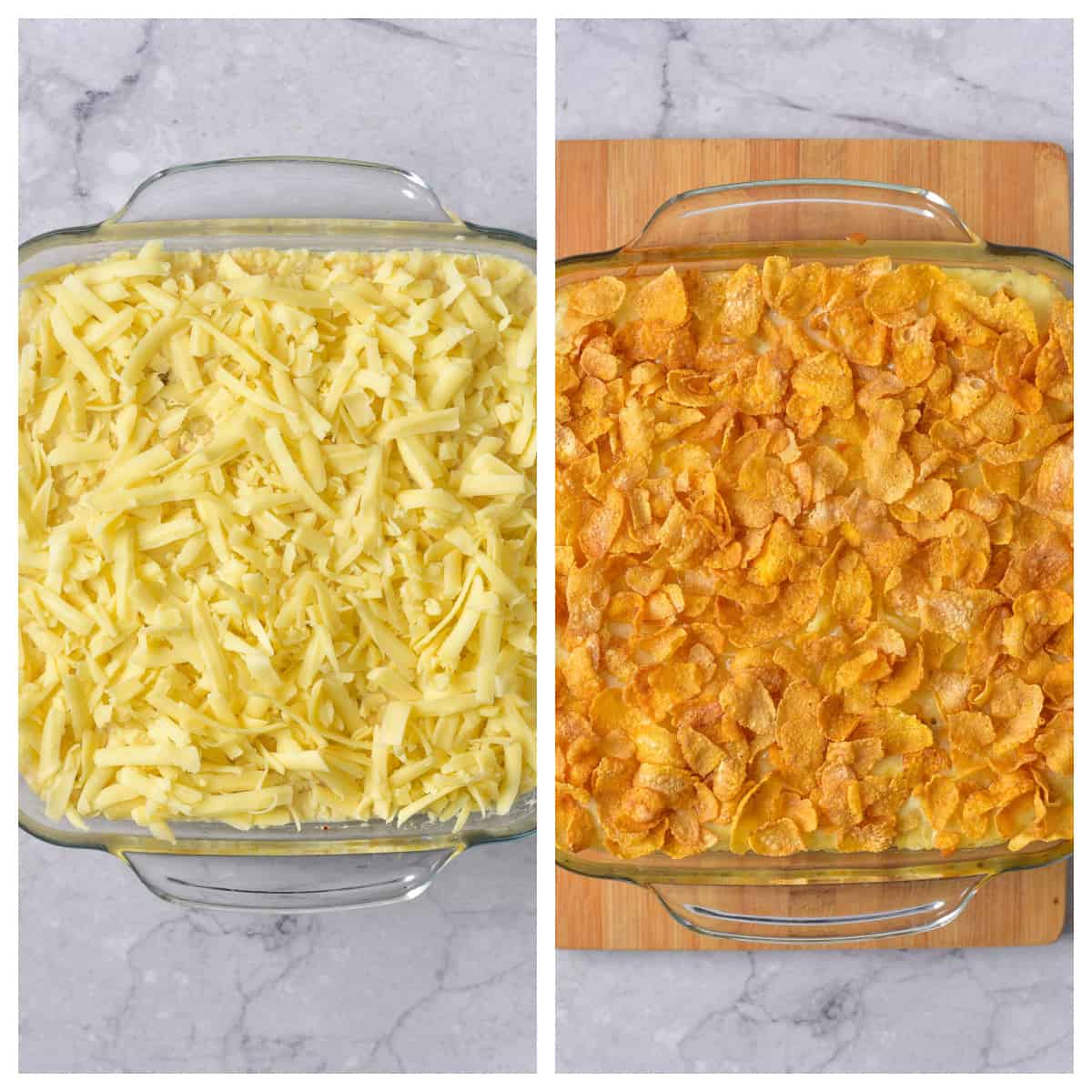 Adding the cheese to the casserole, then adding cornflakes.