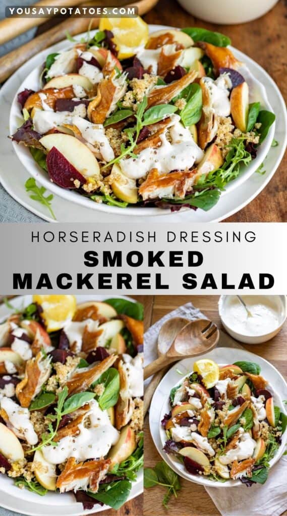 Plates of salad with text: Horseradish Dressing, Smoked Mackerel Salad.