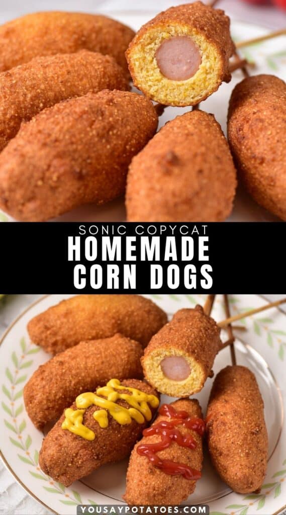 Cut open corn dog, plus a pile of corndogs on a plate, with text: Sonic Copycat Homemade Corn Dogs.
