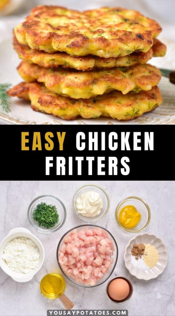 Stack of chicken fritters, plus ingredients on a table.