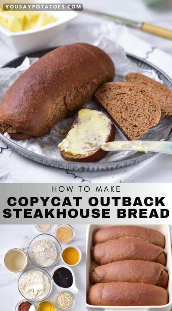 Plate of bread, ingredients on a table, baked bread in a pan, and text: How to make copycat Outback Steakhouse Bread.