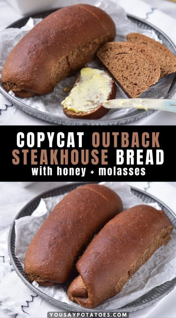 Plates of bread, with text: Copycat Outback Steakhouse Bread with Honey and Molasses.s