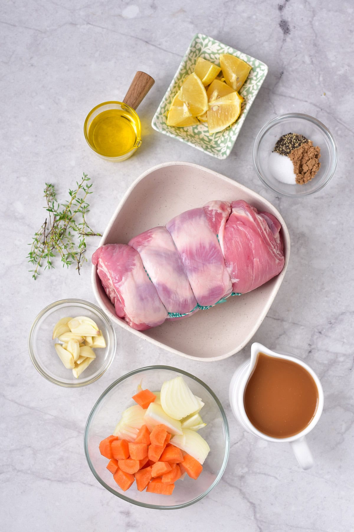 Ingredients for rolled roasted lamb.