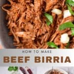 Bowl of shredded beef and ingredients on a table, with text: How to make beef birria.
