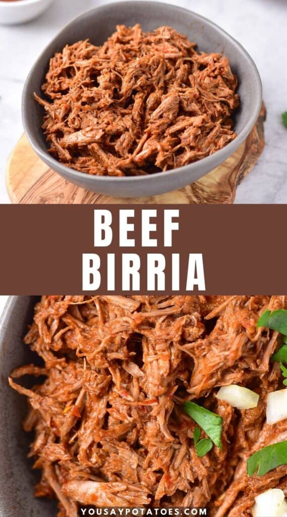 Bowls of spiced shredded beef, with text: Beef Birria.