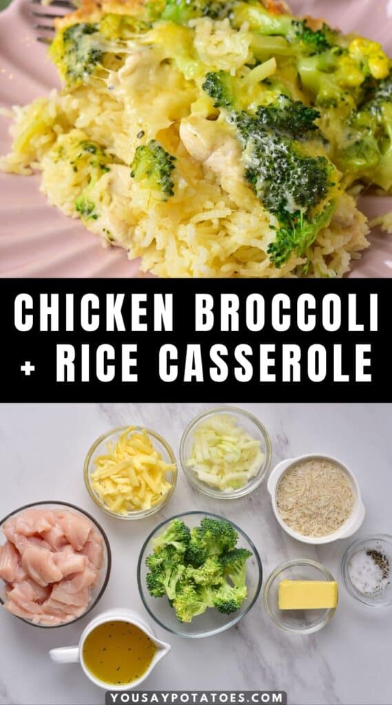 Plate of casserole, ingredients on a table, and title: Chicken, Broccoli and Rice Casserole.