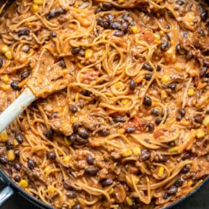 Close up of a pot of Mexican spaghetti.