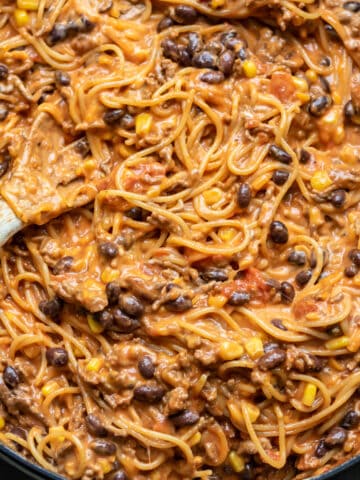 Close up of a pot of Mexican spaghetti.