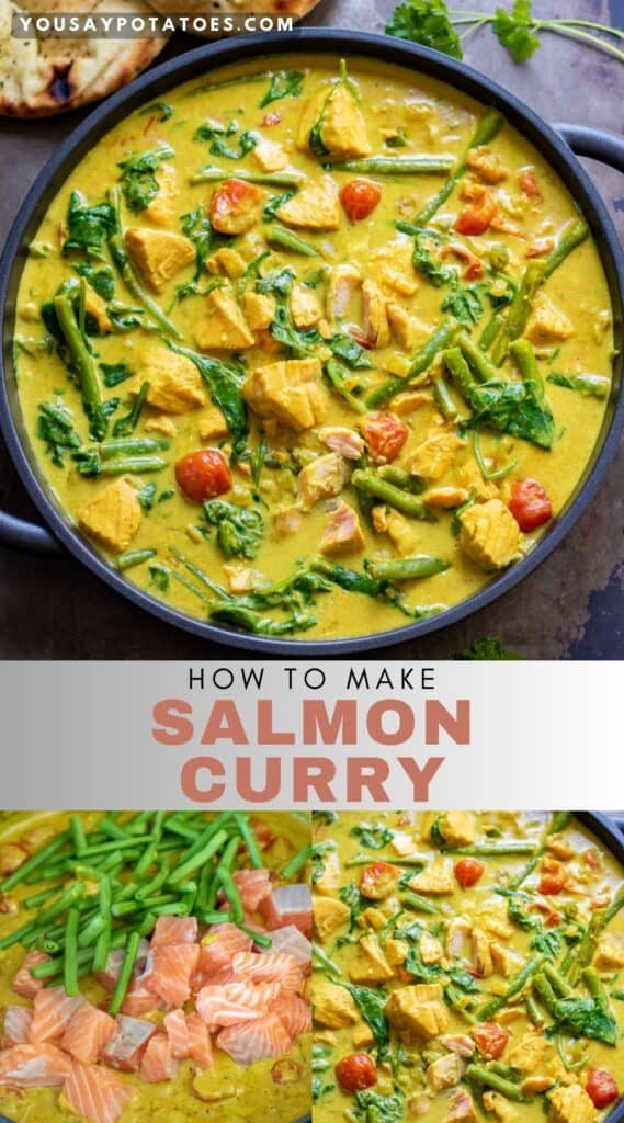 Dish of salmon curry, photos of making it, and title: How to make salmon curry.