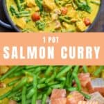 Dish of curry, picture of making curry, and title: 1 pot salmon curry.