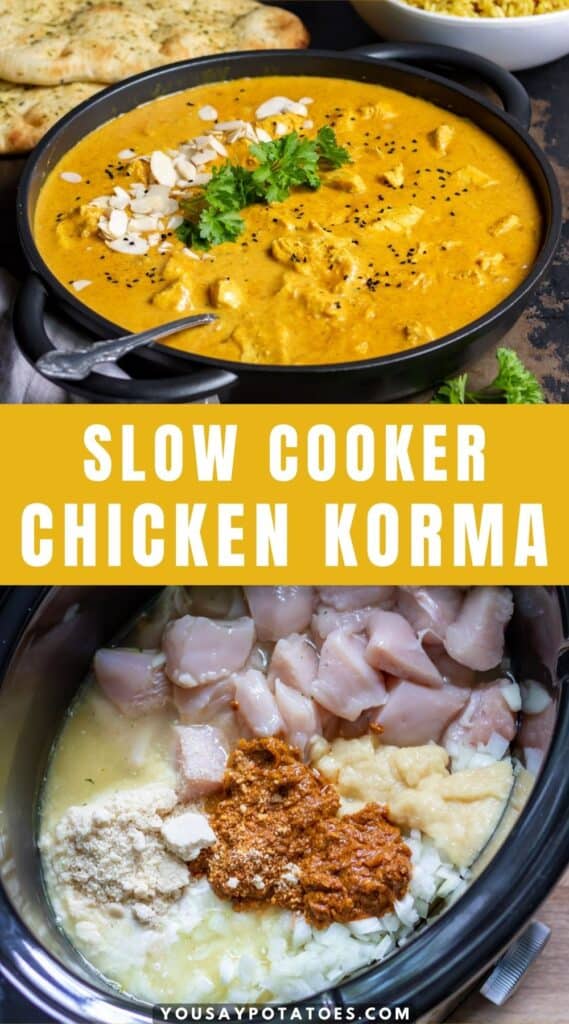 Serving dish of curry, slow cooker with ingredients, and title: Slow Cooker Chicken Korma.